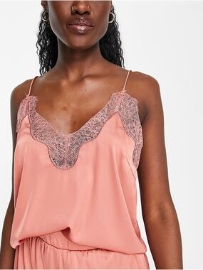 NWOT ASOS DESIGN satin pajama cami with lace in rust. Size US 10